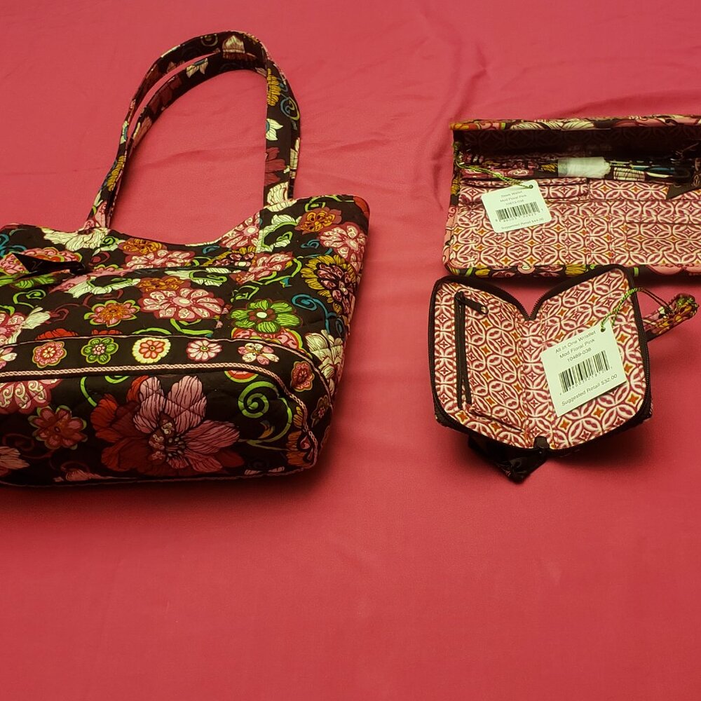 Brand New Vera Bradley Mod Floral Pink Tote w/ Wallet & Wristlet Set - Picture 8 of 11